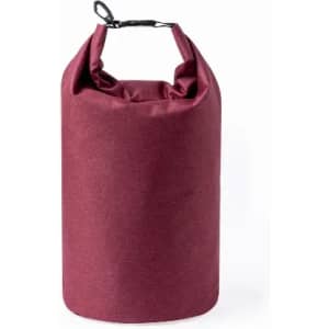 A drink bottle in a deep burgundy fabric with a secure strap at the top, featuring a circular, cylindrical shape.