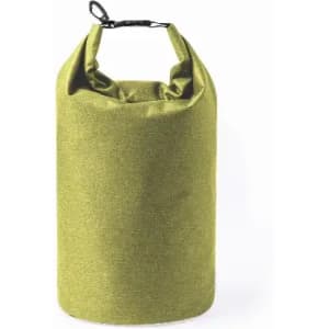 A drink bottle in a vibrant green fabric, featuring a secure drawstring top and a branding logo.