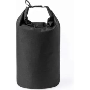 A black dry bag with a roll-top closure and a secure handle for easy carrying.