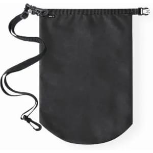 A black drawstring bag with a strap, featuring a secure closure at the top. It has a simple design and a logo.
