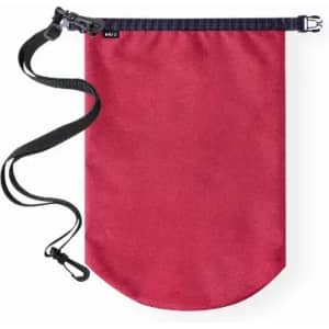 A red drawstring bag with a black strap and toggle. The bag has a simple design and features a logo.