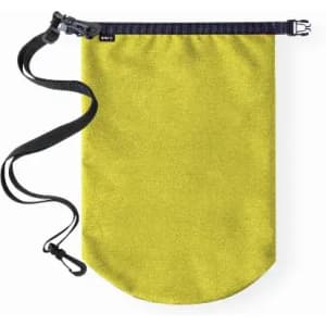 A yellow drink bottle holder with a black strap and an adjustable closure, featuring a logo on the side.