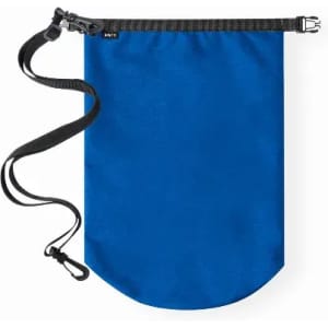 A blue drawstring bag with a black strap and a rounded bottom, featuring a logo on the side.