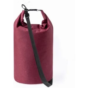 A burgundy drink bottle with a black strap and a loop top for easy carrying. It features a simple design.