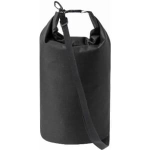 A black waterproof bag with a roll-top closure and an adjustable shoulder strap. It features a sturdy clip for securing.