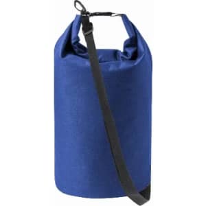 A drink bottle in a deep blue colour with a black adjustable strap and a roll-top closure. Features a logo.