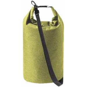 A green dry bag with a strap, featuring a secure top closure and a simple design.