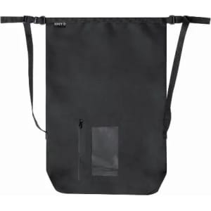 A black tote bag with straps, featuring a zippered pocket and a transparent window. It has a logo on the top.