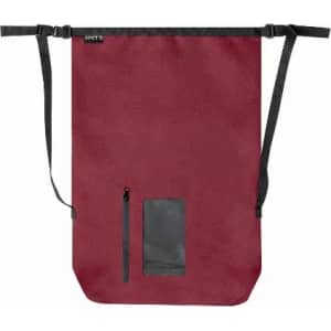 A drawstring bag in a deep red colour with a black zipper pocket and adjustable straps. Features a logo.