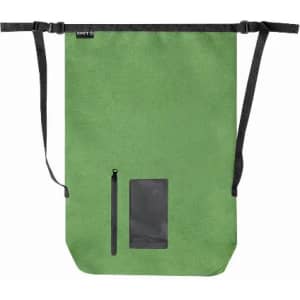 A green drawstring bag with a black zipper pocket and adjustable straps, featuring a logo on the top.