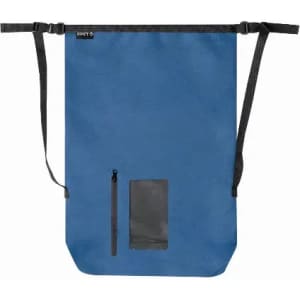 A blue drawstring bag with adjustable straps and a small zippered pocket. It features a transparent pocket on the front.