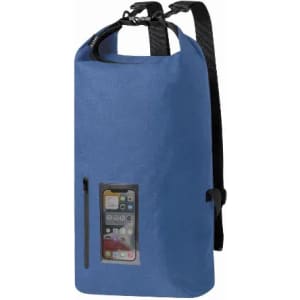 A blue backpack with a transparent front pocket for a phone, featuring two straps and a roll-top closure.