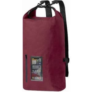 A burgundy waterproof bag with a clear phone pouch and black straps for easy carrying.