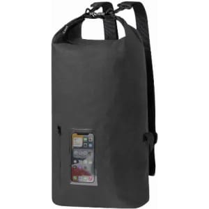 A black waterproof bag with shoulder straps and a clear phone pocket on the front.