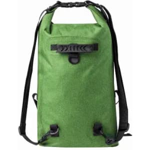 A green backpack with adjustable black straps and a roll-top closure, featuring a buckle and clip fastening.