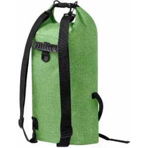 A green waterproof backpack with adjustable black straps and a roll-top closure. Features a plastic clip and a logo.