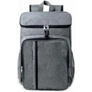 A grey backpack with multiple pockets and zippers, featuring mesh side pockets and padded shoulder straps.