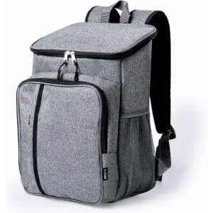 A grey backpack featuring a zippered main compartment, front pocket, and side mesh pockets. It has adjustable straps.