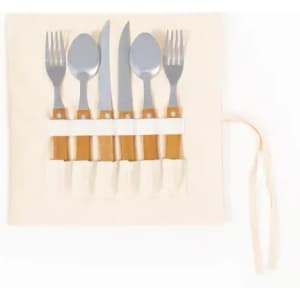 A cutlery holder featuring six utensils: two forks, two knives, and two spoons with wooden handles on a cream fabric backdrop.