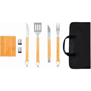 A barbecue tool set featuring stainless steel tools with bamboo handles, a cutting board, and a black carrying case.