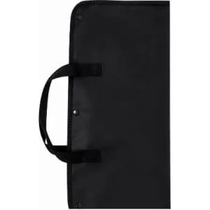 A black promotional product bag with a handle and snap closures. It features a simple, solid design.