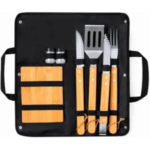 A barbecue tool set featuring stainless steel utensils with bamboo handles, housed in a black carry case.