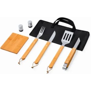 A barbecue tool set featuring a spatula, fork, knife, tongs, and salt and pepper shakers in a black carrying case.