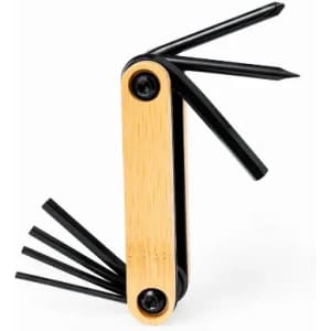 A tool with a bamboo handle and six black multi-tools folded within. It features a compact design for portability.