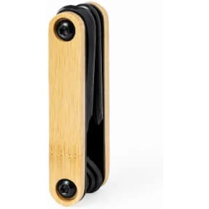 A multi-tool featuring a bamboo body with black components, compactly folded for practical use. It has a circular logo.