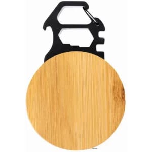 A round bamboo cutting board with a black multifunctional handle and carabiner.