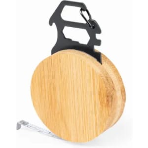 A measuring tape with a bamboo casing, featuring a black clip and metal hook.