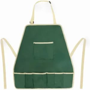 A green apron with beige straps and multiple pockets at the bottom, featuring a single chest pocket.