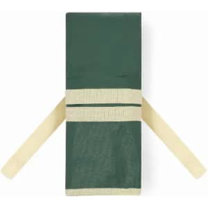 A drink bottle in a dark green fabric cover, secured with beige straps, featuring a logo on the front.