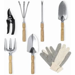 A set of gardening tools including a pruner, trowel, fork, and gloves with wooden handles and metal heads.