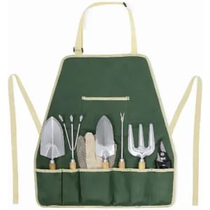 A gardening apron in green featuring several tools, including trowels, gloves, and a pruning shear, neatly arranged.