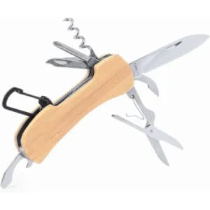 A multi-tool with stainless steel components, featuring a wooden handle, knife, scissors, corkscrew, and bottle opener.