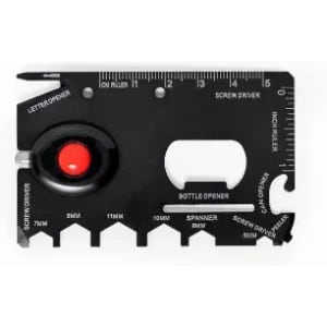 A multi-tool card in black with a red button, featuring various tools like a bottle opener and screwdrivers.