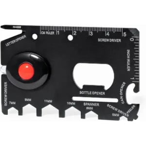 A multi-tool card in black, featuring a bottle opener, screwdriver, ruler, and various measurement markings.