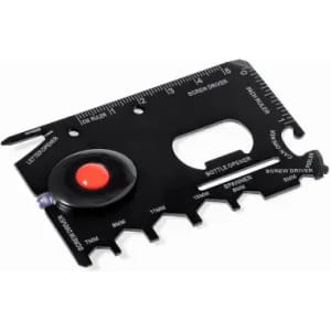 A black multi-tool card featuring various functions, including a bottle opener, ruler, and screwdriver.