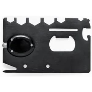 A black multi-tool card featuring various tools and a circular component, designed for convenience and portability.