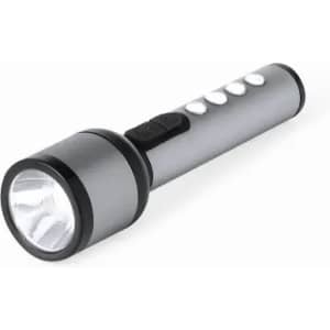 A flashlight with a silver body and black accents, featuring a bright LED light and several buttons.