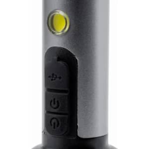 A drink bottle in silver with a button and a circular indicator, featuring a black base.