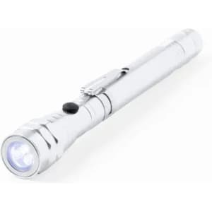 A silver torch with a white light and a clip for easy attachment. It features a button for operation.