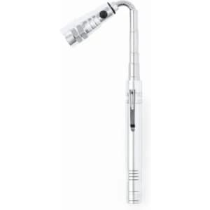 A metallic Lachman product with a flexible neck and a connector, featuring a shiny finish.