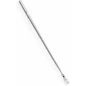 A sleek, silver Lachman drink bottle with a long, slim design and a nozzle at one end.