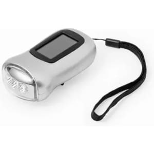 A silver handheld device with a screen and a built-in light, featuring a wrist strap.