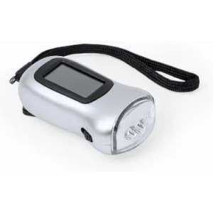 A compact silver flashlight with a black strap and a small screen on one side.