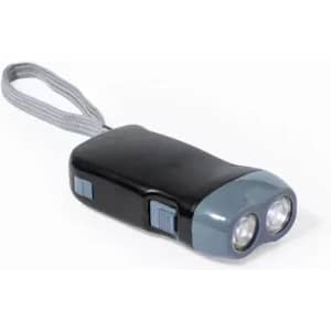 A portable black and grey flashlight with a strap and two light bulbs. Features a switch on the side.