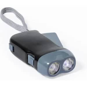 A handheld torch with dual light beams, featuring a black body and grey accents. It includes a wrist strap.