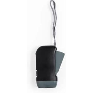 A drink bottle in black with a grey base and a strap attached for easy carrying. Features a branding logo.